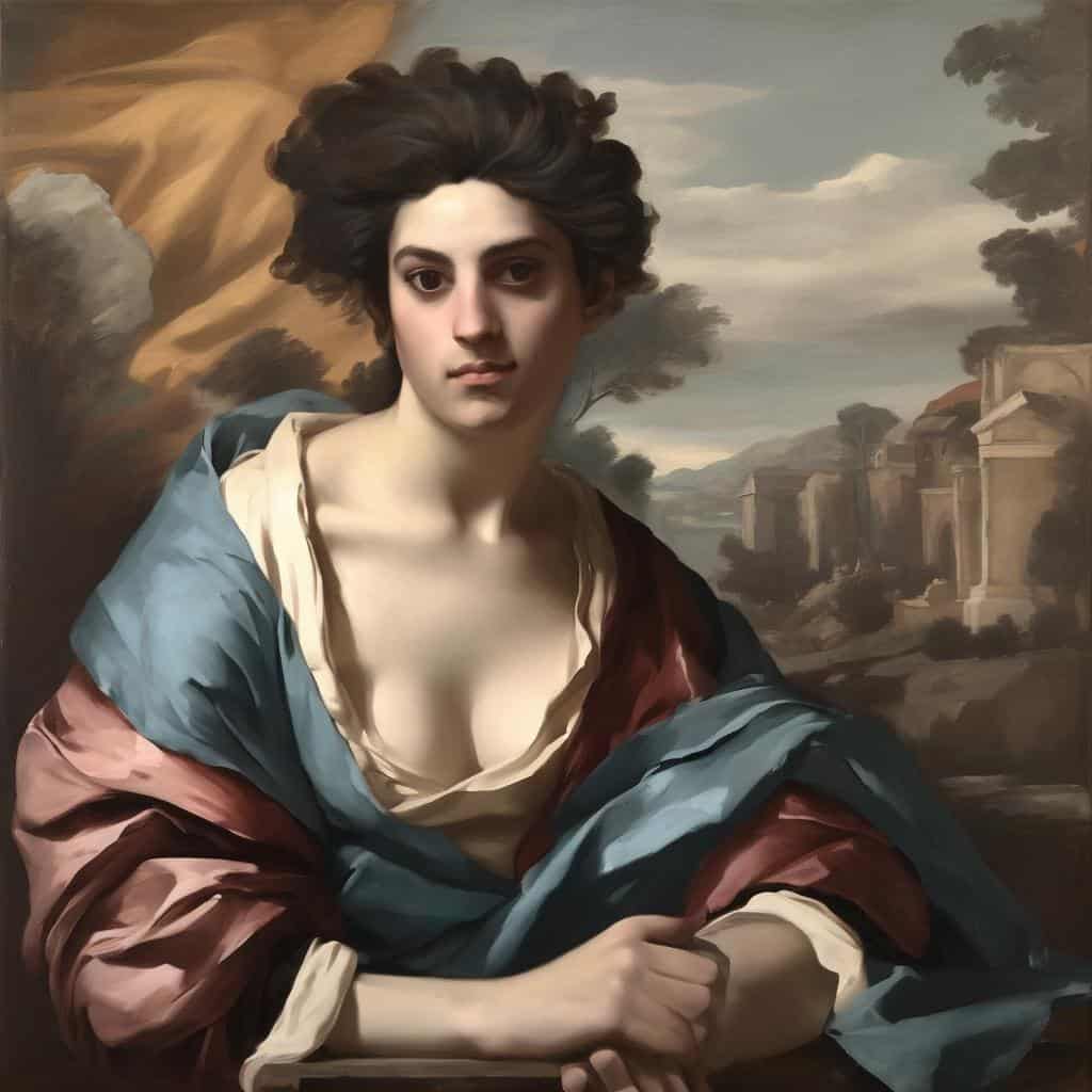 Ζωντανή πορτρέτο γυναίκας με εικαστική τέχνη και ψυχολογία, ιστορικό ύφος, και τοπίο στο παρασκήνιο.