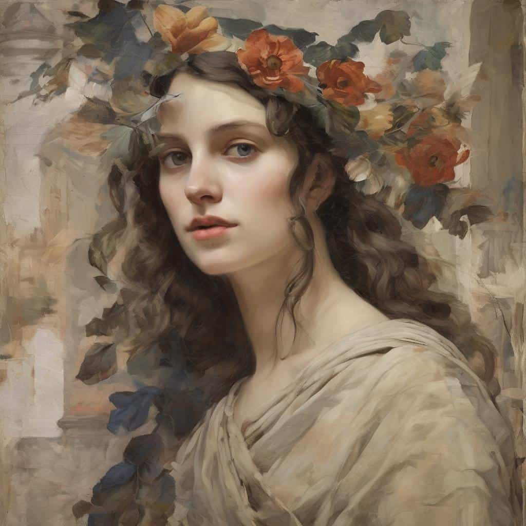 Εικαστικές τέχνες και ψυχολογία, όμορφη γυναίκα με λουλούδια, εκφραστική πορτρέτο, καλλιτεχνική εικόνα, σύνδεση τέχνης και ψυχολογίας.